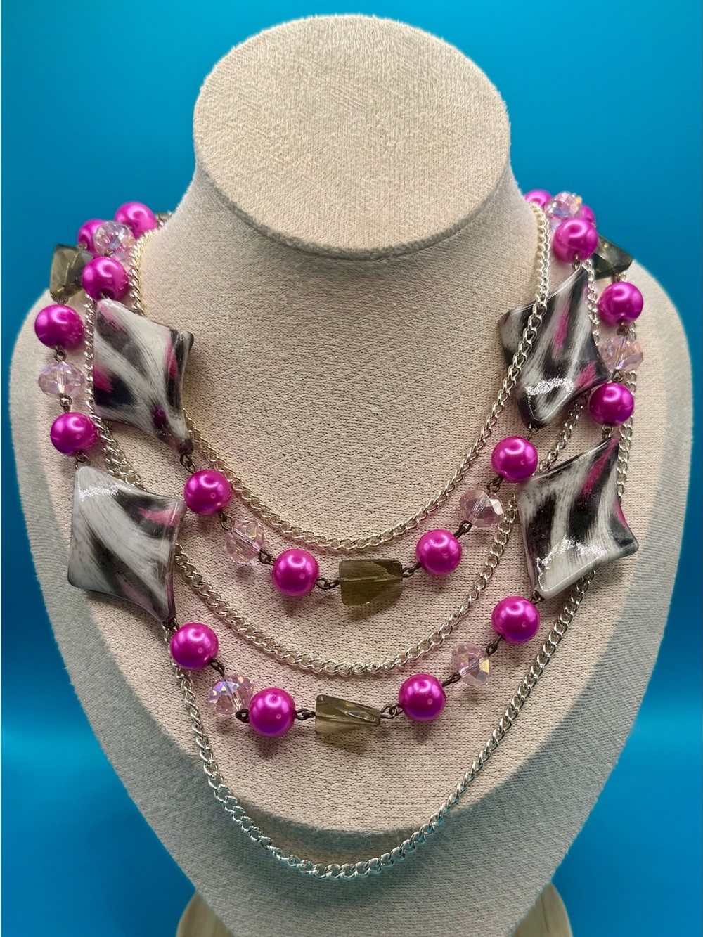 Bright Pink and Pink Leopard Beaded Silvertone Necklace